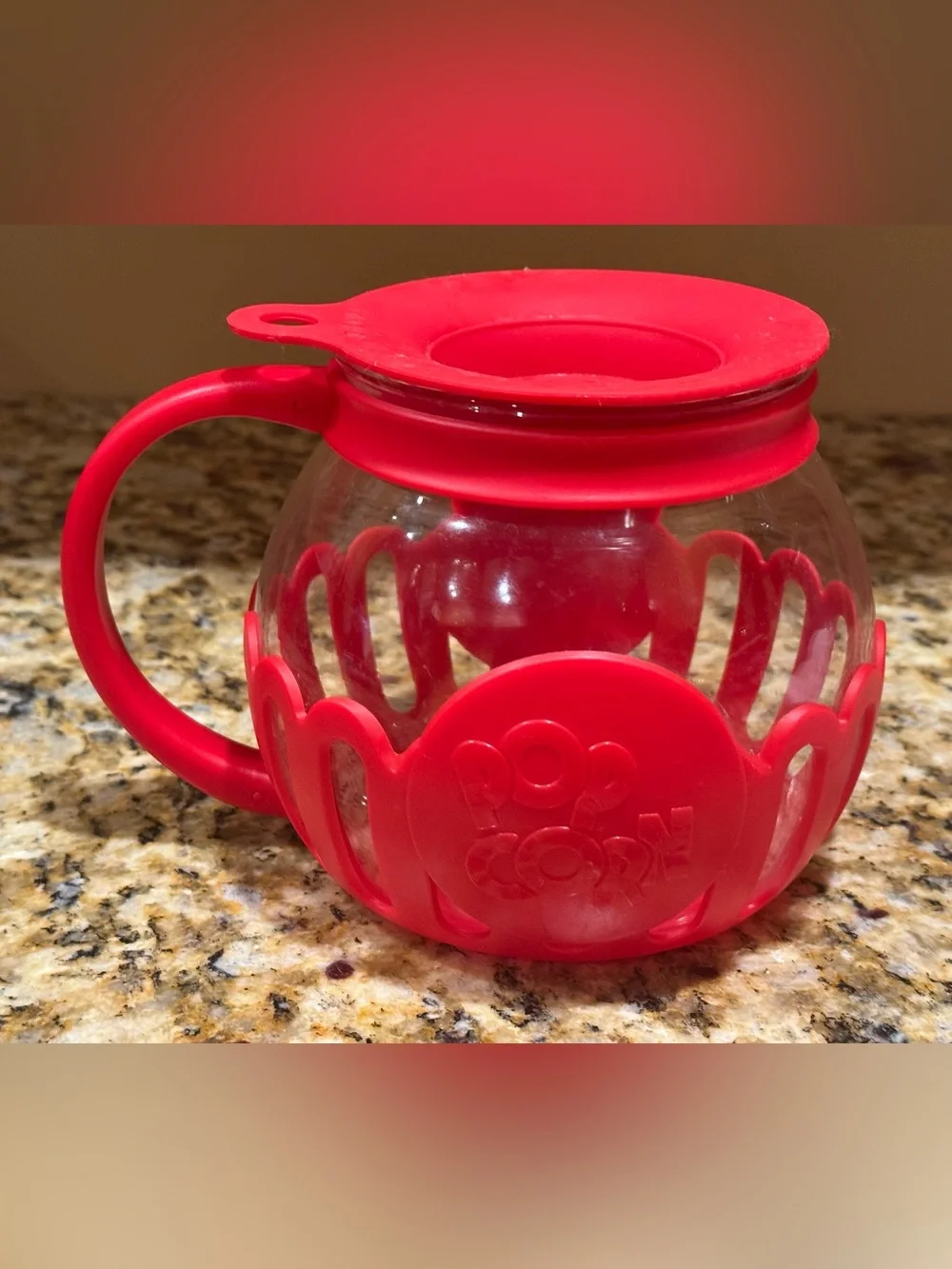 Popcorn 🍿 Glass Popcorn Popper: microwave popper with Red Silicone Sleeve: 1.5QT